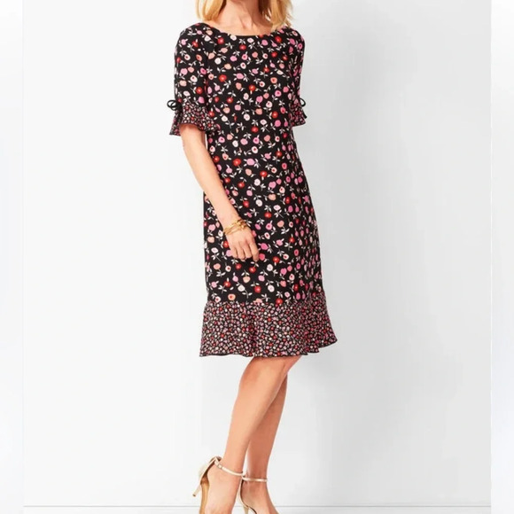 Talbots Short Sleeve Shift Dress Floral Ruffle Black Pink Career Workwear Wmn 2 - Picture 9 of 9